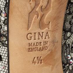 Gina Black Lace Crystal Embellished Peep Toe Slingback Platform Pumps Size 37.5