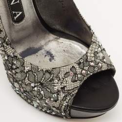 Gina Black Lace Crystal Embellished Peep Toe Slingback Platform Pumps Size 37.5