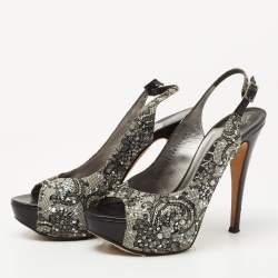 Gina Black Lace Crystal Embellished Peep Toe Slingback Platform Pumps Size 37.5
