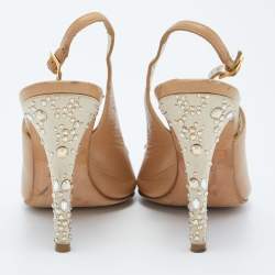 Pre Owned Gina Beige Leather and Satin Crystal Embellished Slingback Sandals Size 37
