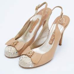 Pre Owned Gina Beige Leather and Satin Crystal Embellished Slingback Sandals Size 37