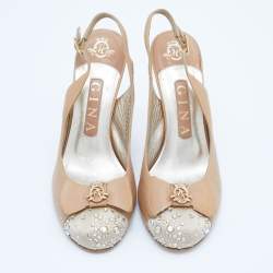Pre Owned Gina Beige Leather and Satin Crystal Embellished Slingback Sandals Size 37