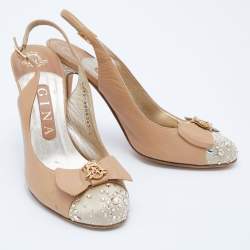 Pre Owned Gina Beige Leather and Satin Crystal Embellished Slingback Sandals Size 37