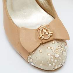 Pre Owned Gina Beige Leather and Satin Crystal Embellished Slingback Sandals Size 37