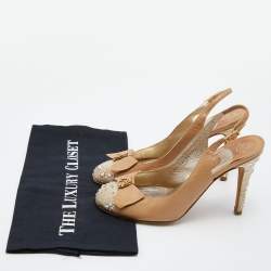 Pre Owned Gina Beige Leather and Satin Crystal Embellished Slingback Sandals Size 37