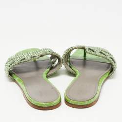 Gina Green Crystal Embellished Leather Flat Slides Size 38.5