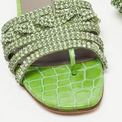 Gina Green Crystal Embellished Leather Flat Slides Size 38.5