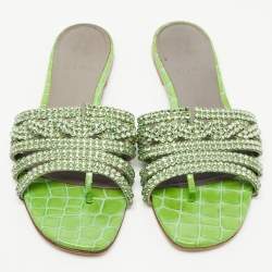 Gina Green Crystal Embellished Leather Flat Slides Size 38.5