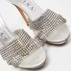 Pre Owned Gina Silver Leather Crystal Embellished Slide Sandals Size 38.5