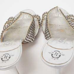 Pre Owned Gina Silver Leather Crystal Embellished Slide Sandals Size 38.5