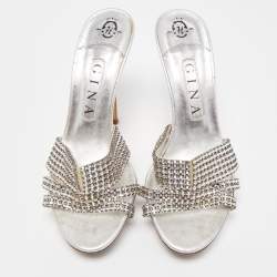 Pre Owned Gina Silver Leather Crystal Embellished Slide Sandals Size 38.5