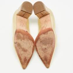Pre Owned Gina Gold Leather Crystal Embellished Heel Pointed Toe Pumps Size 39