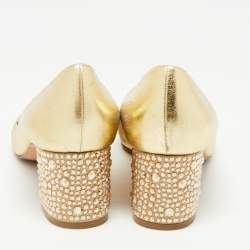 Pre Owned Gina Gold Leather Crystal Embellished Heel Pointed Toe Pumps Size 39