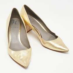 Pre Owned Gina Gold Leather Crystal Embellished Heel Pointed Toe Pumps Size 39
