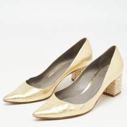 Pre Owned Gina Gold Leather Crystal Embellished Heel Pointed Toe Pumps Size 39