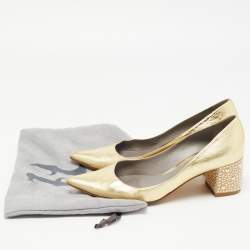 Pre Owned Gina Gold Leather Crystal Embellished Heel Pointed Toe Pumps Size 39