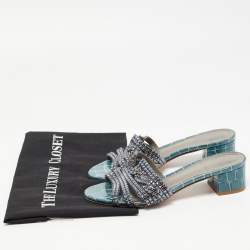 مملوكة مسبقًا Gina Blue Croc Embossed Leather Crystal Embellished Loren Slides  Sandals Size 36.5