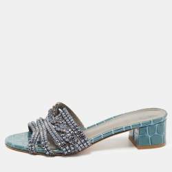 مملوكة مسبقًا Gina Blue Croc Embossed Leather Crystal Embellished Loren Slides  Sandals Size 36.5
