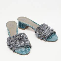 مملوكة مسبقًا Gina Blue Croc Embossed Leather Crystal Embellished Loren Slides  Sandals Size 36.5