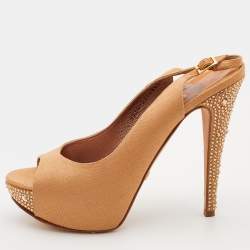 مملوكة مسبقًا صندل جينا ساتان بيج مزخرف كريستال مقدمة مفتوحة فتحة كعب نعل سميك مقاس 40