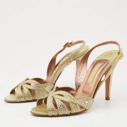 مملوكة مسبقًا صندل جينا فتحة كعب مزخرف كريستال جلد لامع رمادي داكن مقاس 40.5