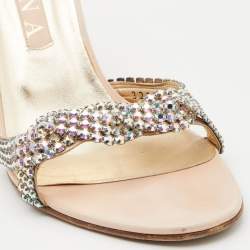 Pre Owned Gina Beige Leather Crystal Embellished Slide Sandals Size 41