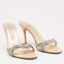 Pre Owned Gina Beige Leather Crystal Embellished Slide Sandals Size 41