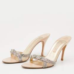 Pre Owned Gina Beige Leather Crystal Embellished Slide Sandals Size 41