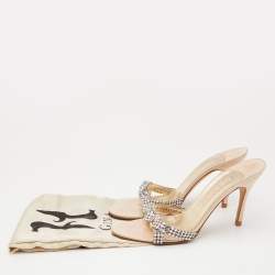 Pre Owned Gina Beige Leather Crystal Embellished Slide Sandals Size 41