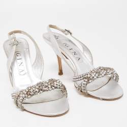 Gina Silver Leather Crystal Embellished Slingback  Sandals Size 38