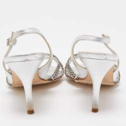 Gina Silver Leather Crystal Embellished Slingback  Sandals Size 38