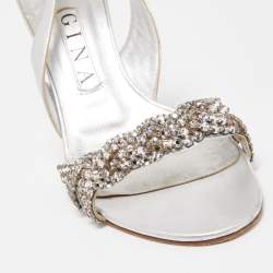 Gina Silver Leather Crystal Embellished Slingback  Sandals Size 38