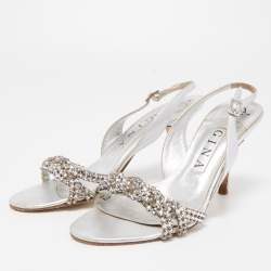 Gina Silver Leather Crystal Embellished Slingback  Sandals Size 38