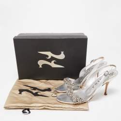 Gina Silver Leather Crystal Embellished Slingback  Sandals Size 38