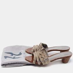 Pre Owned Gina Dark Brown Crystal Embellished Leather Slide Sandals Size 38