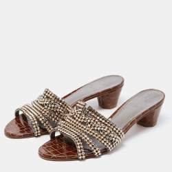 Pre Owned Gina Dark Brown Crystal Embellished Leather Slide Sandals Size 38
