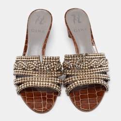 Pre Owned Gina Dark Brown Crystal Embellished Leather Slide Sandals Size 38