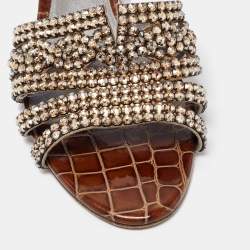 Pre Owned Gina Dark Brown Crystal Embellished Leather Slide Sandals Size 38