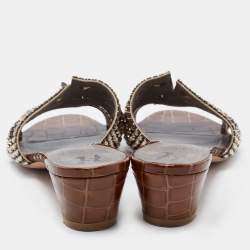 Pre Owned Gina Dark Brown Crystal Embellished Leather Slide Sandals Size 38