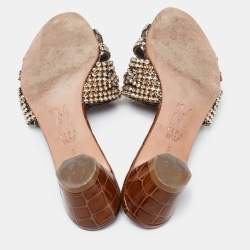 Pre Owned Gina Dark Brown Crystal Embellished Leather Slide Sandals Size 38