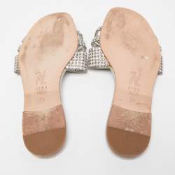 Gina Silver Crystal Embellished Leather Flat Slides Size 38.5