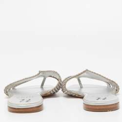 Gina Silver Crystal Embellished Leather Flat Slides Size 38.5