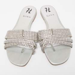 Gina Silver Crystal Embellished Leather Flat Slides Size 38.5