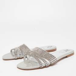 Gina Silver Crystal Embellished Leather Flat Slides Size 38.5