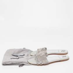 Gina Silver Crystal Embellished Leather Flat Slides Size 38.5