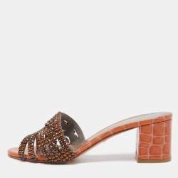 مملوكة مسبقًا Gina Dark Orange Crystal Embellished Leather Slide Sandals Size 38