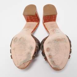 مملوكة مسبقًا Gina Dark Orange Crystal Embellished Leather Slide Sandals Size 38