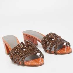 مملوكة مسبقًا Gina Dark Orange Crystal Embellished Leather Slide Sandals Size 38