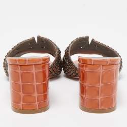 مملوكة مسبقًا Gina Dark Orange Crystal Embellished Leather Slide Sandals Size 38