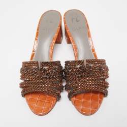 مملوكة مسبقًا Gina Dark Orange Crystal Embellished Leather Slide Sandals Size 38